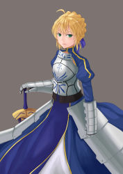 Rule 34 | 1girl, ahoge, armor, armored dress, artoria pendragon (all), artoria pendragon (fate), bad id, bad pixiv id, blonde hair, dress, excalibur (fate/stay night), fate/stay night, fate (series), gauntlets, green eyes, hair ribbon, hand on hilt, highres, ribbon, saber (fate), simple background, solo, sword, weapon, willgoon