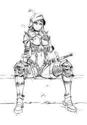 Rule 34 | 1girl, armor, bikini armor, boots, commentary request, dagger, feathers, greyscale, helmet, knife, monochrome, navel, nisetanaka, original, revealing clothes, sallet, sitting, solo, sword, thigh boots, thighhighs, weapon