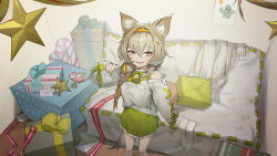 Rule 34 | 1girl, :d, absurdres, animal ear fluff, animal ears, arknights, bare shoulders, beanstalk (arknights), beanstalk (gift uncompleted) (arknights), bell, blush, box, braid, brown eyes, brown hair, candy, candy cane, couch, envelope, feet out of frame, food, gift, gift box, green hairband, green sweater, hair between eyes, hair over shoulder, hairband, heart-shaped box, highres, indoors, unworn kneehighs, long hair, looking at viewer, neck bell, neck garter, off-shoulder sweater, off shoulder, official alternate costume, open mouth, pillow, qingfeng canying, scissors, single braid, smile, solo, standing, star (symbol), sweater, tail, white legwear, white sweater, wooden floor