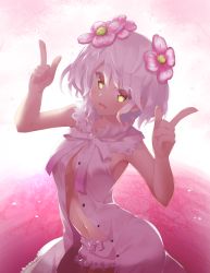 Rule 34 | 1girl, armpits, bare shoulders, bloomers, blush, collarbone, commentary, cowboy shot, flower, hair between eyes, hair flower, hair ornament, hands up, highres, hoppege, index finger raised, kudou chitose, looking at viewer, midriff, navel, nijisanji, open clothes, open mouth, ribbon, short hair, sleeveless, smile, solo, standing, underwear, virtual youtuber, wavy hair, white hair, white ribbon, yellow eyes