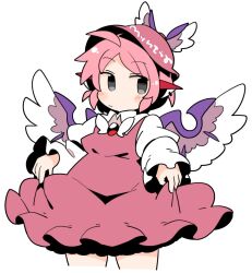 Rule 34 | 1girl, animal ears, bird ears, bird wings, blush, brown hat, clothes lift, commentary request, cowboy shot, dress, expressionless, frilled dress, frilled sleeves, frills, grey eyes, hat, ini (inunabe00), long sleeves, looking to the side, mystia lorelei, pink hair, purple hair, short hair, simple background, solo, touhou, white background, white wings, winged hat, wings