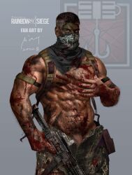 Rule 34 | 1boy, abs, absurdres, artbyming, bara, black hair, blood, blood on body, blood on clothes, blood on hands, copyright name, dated, green pants, gun, highres, holding, holding gun, holding weapon, kapkan (rainbow six siege), large pectorals, male focus, muscular, muscular male, navel, nipples, open pants, pants, pectorals, penis, penis peek, rainbow six siege, short hair, solo, weapon