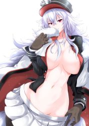 Rule 34 | 1girl, azur lane, black jacket, black pantyhose, blush, breasts, capelet, cleavage, collarbone, covered mouth, cross, crossed bangs, fur-trimmed capelet, fur trim, g (genesis1556), gloves, graf zeppelin (azur lane), groin, hair between eyes, hat, highres, iron cross, jacket, large breasts, long hair, looking at viewer, messy hair, military, military uniform, navel, no bra, open clothes, pantyhose, peaked cap, pleated skirt, red eyes, sidelocks, silver hair, simple background, skirt, skirt tug, solo, stomach, uniform, very long hair, white background, white skirt