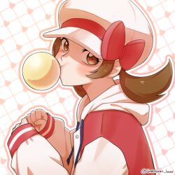 Rule 34 | 1girl, blowing bubbles, bow, brown eyes, brown hair, cabbie hat, chewing gum, creatures (company), drawstring, game freak, hat, hat bow, hat ribbon, heart, hood, hood down, hoodie, jacket, long hair, looking at viewer, lyra (pokemon), mikka tsukiyo, nintendo, outline, pokemon, pokemon hgss, red bow, red jacket, red ribbon, ribbon, sleeves past wrists, solo, twintails, twitter username, upper body, white hat, white jacket