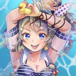 1girl, :p, alternate hairstyle, aqua eyes, arm over head, arm ribbon, artist name, artist request, back bow, badge, bangle, bangs, bare shoulders, bikini, bikini top, birthday, blue bikini, blue bow, blue eyes, blush, bow, bracelet, breasts, brown hair, cleavage, collarbone, detached sleeves, earrings, eyebrows visible through hair, female focus, flower, flower bracelet, food themed earrings, front-tie bikini, front-tie top, grey hair, hair between eyes, hair bow, hair flower, hair ornament, hair ribbon, hands over head, happy birthday, highres, holding, jewelry, light brown hair, looking at viewer, love live!, love live! school idol festival, love live! school idol festival all stars, love live! sunshine!!, medium breasts, nail, nail polish, navel, ocean, orange earrings, parted lips, pink nail polish, pink nails, ponytail, ribbon, rubber duck, sailor collar, see-through, see-through sleeves, short hair, side ponytail, sleeveless, smile, solo, star (symbol), star hair ornament, striped, striped bikini, striped bikini top, swimsuit, tie bikini, tongue, tongue out, upper body, vest, watanabe you, white sailor collar, white vest, x hair ornament, yellow flower