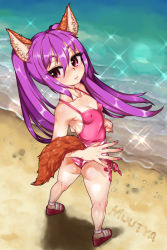 Rule 34 | 1girl, animal ears, ass, beach, bikini, camisole, covered erect nipples, dog ears, elin, flat chest, foreshortening, from above, from behind, kneepits, legs, long hair, looking back, looking up, muutya, ocean, outdoors, purple eyes, purple hair, sandals, side-tie bikini bottom, solo, striped bikini, striped clothes, swimsuit, tail, tera online, twintails, water