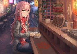 Rule 34 | 1girl, blunt bangs, blurry, blurry background, casual, chopsticks, closed mouth, darling in the franxx, green eyes, grey jacket, grey pants, holding, holding chopsticks, horns, jacket, long hair, long sleeves, looking at viewer, outdoors, pants, pink hair, red scarf, scarf, sitting, smile, solo, stormstx, straight hair, very long hair, zero two (darling in the franxx)