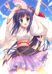 Rule 34 | 1girl, :d, absurdres, arms up, blue eyes, blue hair, blush, bug, butterfly, floral print, flower, hair flower, hair ornament, highres, huge filesize, insect, japanese clothes, kimono, kimono skirt, long sleeves, looking at viewer, open mouth, petals, purple skirt, rainbow, saeki nao, sash, skirt, sky, smile, solo, tareme, wide sleeves