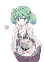Rule 34 | 1girl, black bra, black panties, blush, bra, bucket, female focus, green eyes, green hair, hair bobbles, hair ornament, heart, in bucket, in container, japanese clothes, kimono, kisume, long sleeves, looking at viewer, matching hair/eyes, panties, see-through, sinzan, solo, touhou, twintails, underwear, water, wet, wet clothes, yukata