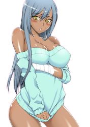 Rule 34 | 00s, 1girl, bandages, bare shoulders, blush, bottomless, breast hold, breasts, cleavage, code geass, curvy, dark-skinned female, dark skin, large breasts, long hair, naked sweater, parted lips, silver hair, simple background, solo, sweatdrop, sweater, unagimaru, villetta nu, villetta nu (amnesia), white background, yellow eyes