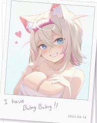 Rule 34 | 1girl, absurdres, ahoge, animal ear fluff, animal ears, blonde hair, blue eyes, blush, colored inner animal ears, dated, dog ears, dog girl, hairband, highres, hololive, hololive english, knee boobs, knees to chest, looking at viewer, medium hair, midori xu, mococo abyssgard, multicolored hair, nail polish, pink hair, pink hairband, pink nails, polaroid, simple background, smile, solo, streaked hair, v, virtual youtuber, white background