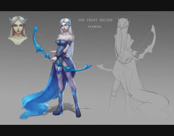 Rule 34 | 1girl, armor, avarosa, avarosa (league of legends), bare shoulders, blue eyes, blue footwear, blue skirt, boots, bow (weapon), braid, breasts, character name, character sheet, cjh123456, cleavage, colored skin, french braid, from behind, full body, fur trim, gradient background, grey background, grey skin, grey thighhighs, hair ornament, high heel boots, high heels, highleg, highleg leotard, highres, holding, holding weapon, knee boots, large breasts, league of legends, leotard, letterboxed, lipstick, long hair, long skirt, looking at viewer, makeup, multiple views, parted lips, shadow, showgirl skirt, silver hair, sketch, skirt, standing, strapless, thighhighs, turnaround, vambraces, very long hair, weapon