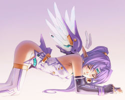 Rule 34 | 1girl, all fours, angelan, ass, bare shoulders, blush, bustier, elbow gloves, elf, closed eyes, gloves, lingerie, long hair, mecha, mechanical wings, midriff, nyaou, panties, pointy ears, ponytail, purple hair, robot, solo, thighhighs, underwear, virtual on, wings