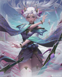 Rule 34 | 1boy, 1girl, absurdres, artist name, blue eyes, blue sky, bracelet, chenbo, closed mouth, cowboy shot, fingernails, hair ornament, highres, holding, holding sword, holding weapon, incoming attack, irelia, jewelry, league of legends, long hair, mole, mole under eye, mountain, multiple swords, parted bangs, ponytail, serious, sharp fingernails, sky, solo focus, spirit blossom yasuo, standing, sword, thighhighs, tornado, weapon, white hair, white thighhighs, wide sleeves, wind, yasuo (league of legends)