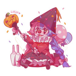 Rule 34 | 1girl, balloon, black skirt, braid, brown eyes, character name, clown, clown nose, colored skin, confetti, dress, frilled dress, frills, halloween, hat, heart, highres, holding, holding staff, league of legends, long hair, looking at viewer, lulu (league of legends), multicolored hair, pink hair, pink skin, purple hair, purple hat, red dress, ruan chen yue, signature, simple background, sitting, skirt, solo, staff, tongue, tongue out, twin braids, two-tone hair, very long hair, white background