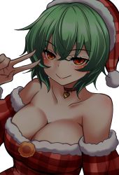 Rule 34 | 1girl, :&gt;, bare shoulders, blush, breasts, choker, cleavage, colorized, crossed bangs, dress, fingernails, flower, fur trim, green hair, hair between eyes, heart, heart choker, highres, kazami yuuka, large breasts, looking at viewer, off shoulder, plaid, plaid dress, plaid headwear, red dress, red eyes, red headwear, short hair, solo, touhou, transparent background, upper body, v, yagami (mukage)