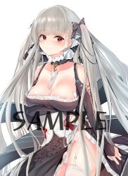 Rule 34 | 1girl, absurdres, azur lane, blush, breasts, cleavage, closed mouth, clothes lift, collarbone, crossed arms, dress, dress lift, formidable (azur lane), garter straps, hair ribbon, highres, image sample, large breasts, long hair, looking at viewer, panties, pantyshot, platinum blonde hair, red eyes, ribbon, sample watermark, septet (zrca janne), smile, solo, thigh strap, thighhighs, twintails, underwear, watermark, white background, white thighhighs