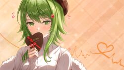 Rule 34 | 1girl, beret, blush, candy, cardiogram, character name, chocolate, chocolate heart, covering own mouth, flying sweatdrops, food, green eyes, gumi, hair ornament, hat, heart, high collar, highres, jewelry, long hair, long sleeves, looking down, looking to the side, plaid, plaid background, plaid headwear, ring, roncle (roncle1), sleeves past wrists, solo, sweater, turtleneck, turtleneck sweater, upper body, valentine, vocaloid