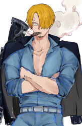Rule 34 | 1boy, alternate costume, alternate weapon, blonde hair, bored, cigar, collared shirt, cowboy shot, crossed arms, curly eyebrows, denim, facial hair, goatee stubble, hair over one eye, half-closed eyes, highres, jeans, male focus, mustache stubble, nine hundred, one piece, pants, pectoral cleavage, pectorals, sanji (one piece), shirt, short hair, smoking, solo, stubble, weapon