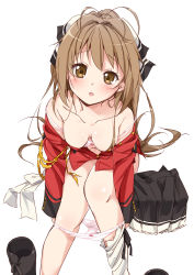 Rule 34 | 10s, 1girl, :o, absurdres, aiguillette, amagi brilliant park, antenna hair, blush, boots, unworn boots, bra, bra pull, breasts, brown eyes, brown hair, clothes pull, collarbone, highres, leaning forward, long hair, looking at viewer, mousou (mousou temporary), panties, panty pull, pink bra, pink panties, sento isuzu, shoes, unworn shoes, skirt, unworn skirt, solo, thighhighs pull, underwear, undressing, white background, white legwear