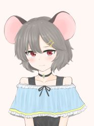 Rule 34 | 1girl, alternate costume, animal ears, black choker, black tank top, blush, capelet, choker, collarbone, dakuazu, grey hair, hair ornament, hairclip, highres, jewelry, looking at viewer, mouse ears, nazrin, off shoulder, pendant, pink background, red eyes, ribbon, short hair, simple background, solo, tank top, touhou, upper body