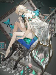 Rule 34 | 1boy, aqua butterfly, aqua eyes, artist request, barefoot, black choker, blonde hair, bow, bug, butterfly, butterfly wings, cape, chair, choker, closed mouth, earrings, flower, food fantasy, framed insect, from side, full body, gem, green background, green gemstone, hair between eyes, hair bow, hand on own chin, highres, insect, insect wings, jewelry, long hair, looking ahead, male focus, naked cape, official art, pesto pasta (food fantasy), picture frame, pink flower, pink rose, profile, railing, rose, sitting, solo, stairs, third-party source, white bow, white cape, wings