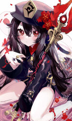 Rule 34 | 1girl, bead bracelet, beads, black footwear, black hair, black nails, black shorts, bracelet, bug, butterfly, chinese clothes, coattails, dot mouth, flower, flower-shaped pupils, gen arare, genshin impact, ghost, ghost pose, hair between eyes, hat, hat flower, highres, hu tao (genshin impact), insect, jewelry, kneehighs, looking at viewer, multiple rings, over shoulder, partially submerged, plum blossoms, porkpie hat, red butterfly, red eyes, ring, shorts, sidelocks, sitting, socks, solo, staff of homa (genshin impact), symbol-shaped pupils, thumb ring, twintails, wariza, weapon, weapon over shoulder, white socks