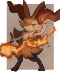 Rule 34 | animal ear fluff, animal ears, black fur, border, braixen, brown background, closed mouth, creatures (company), digitigrade, fang, fire, fox ears, fox tail, full body, game freak, gen 6 pokemon, hand up, highres, holding, holding stick, ikei, looking at viewer, multicolored fur, nintendo, orange eyes, orange fur, outside border, pokemon, pokemon (creature), red nose, signature, simple background, skin fang, snout, solo, standing, stick, symbol-only commentary, tail, tsurime, white border, yellow fur