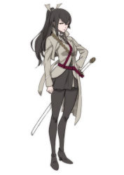 Rule 34 | 1girl, black hair, black pantyhose, breasts, coat, full body, hand on own hip, high heels, kyakuo (saru to realist), long hair, necktie, pantyhose, ponytail, sheath, sheathed, simple background, solo, sword, weapon, white background