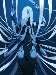 Rule 34 | 1girl, absurdly long hair, black leotard, black thighhighs, blue eyes, blue skin, colored skin, doll joints, extra arms, head tilt, highres, interlocked fingers, joints, leotard, long hair, looking at viewer, original, own hands together, parted lips, ruteko (ruko220), solo, thighhighs, very long hair, white hair