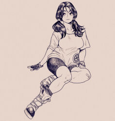 Rule 34 | 1girl, absurdres, bike shorts, boots, breasts, dragon ball, dragonball z, fingerless gloves, full body, gloves, hair over shoulder, highres, low twintails, monochrome, original, robo ink, shirt, short sleeves, sideways glance, simple background, sitting, sketch, smile, socks, solo, t-shirt, twintails, videl