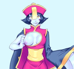 Rule 34 | 1girl, blue hair, blue skin, breasts, chinese clothes, colored skin, hat, jiangshi, lei lei, looking at viewer, nipples, no bra, one breast out, righteoustea, short hair, simple background, solo, tongue, tongue out, vampire (game), yellow eyes