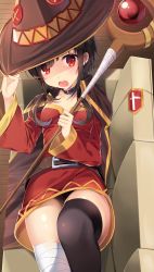 Rule 34 | 10s, 1girl, adjusting clothes, adjusting headwear, bad id, bad pixiv id, bandages, belt, black hair, black thighhighs, blush, cape, fingerless gloves, gloves, hat, kono subarashii sekai ni shukufuku wo!, looking at viewer, megumin, open mouth, pinb, red eyes, short hair, single thighhigh, solo, staff, thighhighs, witch hat
