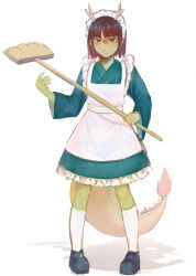 Rule 34 | 1girl, alternate costume, anak zahard, apron, blue footwear, blunt bangs, blunt ends, broom, brown eyes, brown hair, colored skin, dress, enmaided, expressionless, fake antlers, fake tail, full body, furrowed brow, green skin, highres, holding, holding broom, kneehighs, looking at viewer, maid, maid apron, maid headdress, reptile girl, serious, shadow, shoes, short hair, simple background, sleeves past elbows, socks, solo, standing, symbol-shaped pupils, tail, tower of god, white apron, white background, white socks, yulu406634 (lofter)