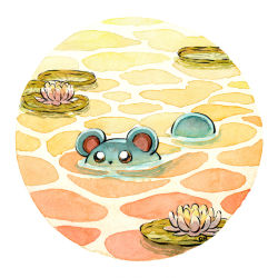 Rule 34 | commentary, creature, creatures (company), english commentary, flower, game freak, gen 2 pokemon, lily pad, marill, nintendo, no humans, oliver hamlin, painting (medium), partially submerged, pink flower, pokemon, pokemon (creature), reflection, round image, traditional media, water, water lily flower, watercolor (medium)