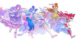 Rule 34 | 5girls, :d, absurdres, anklet, arms up, barefoot, blonde hair, blue eyes, blue hair, blue skirt, blunt bangs, brown hair, cape, capelet, closed mouth, clothing cutout, cure coral, cure coral (excellen-tropical style), cure flamingo, cure flamingo (excellen-tropical style), cure la mer, cure la mer (excellen-tropical style), cure papaya, cure papaya (excellen-tropical style), cure summer, cure summer (excellen-tropical style), dress, floating hair, full body, gradient hair, grin, highres, jewelry, jumping, legs up, long hair, long skirt, makeup, mascara, midriff, miniskirt, multicolored hair, multiple girls, nail polish, navel, open mouth, pink cape, pink hair, pleated skirt, precure, purple dress, purple hair, red hair, running, shoulder cutout, shrimp1634, simple background, skirt, skirt hold, smile, soles, stomach, tropical-rouge! precure, very long hair, white background, white capelet, white skirt