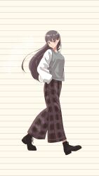 Rule 34 | 1girl, absurdres, bang dream!, bang dream! it&#039;s mygo!!!!!, black footwear, brown background, brown hair, commentary request, grey sweater vest, hands in pockets, highres, long hair, long sleeves, looking at viewer, mole, mole under eye, pants, parted lips, plaid, plaid pants, purple eyes, purple pants, shiina taki, shirt, shu atelier, solo, striped background, sweater vest, walking, white shirt