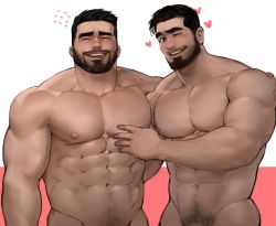 Rule 34 | 2boys, abs, bara, beard, body hair, chest hair, couple, cropped legs, dopey (dopq), facial hair, grabbing, highres, large pectorals, male focus, male pubic hair, manly, multiple boys, muscular, nipples, one eye closed, original, pectoral grab, pectorals, pubic hair, simple background, tongue, tongue out, topless male, yaoi
