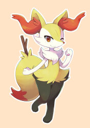 Rule 34 | 1girl, :3, absurdres, animal ear fluff, animal ears, animal feet, animal hands, animal nose, black fur, body fur, braixen, closed mouth, creatures (company), female focus, flat chest, fox ears, fox girl, fox tail, full body, furry, furry female, game freak, gen 6 pokemon, hand up, happy, highres, knees together feet apart, leg up, legs, looking at viewer, mochizuki reiji, multicolored fur, neck fur, nintendo, one eye closed, orange background, outline, pawpads, pokemon, pokemon (creature), red eyes, simple background, smile, snout, solo, standing, standing on one leg, stick, tail, waving, white fur, white outline, wink, yellow fur