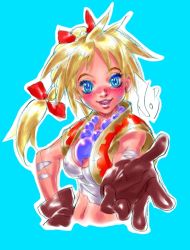 Rule 34 | 1girl, beads, blonde hair, blue eyes, blush, breasts, chrono (series), chrono cross, covered erect nipples, crop top, facial mark, gloves, hair ribbon, jewelry, kid (chrono cross), long hair, magatama, medium breasts, midriff, navel, necklace, official art, outstretched arm, outstretched hand, ponytail, reaching, ribbon, simple background, smile, solo, tattoo, vest, yuuki nobuteru