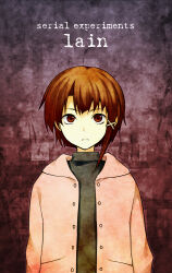 Rule 34 | 1girl, :|, arms at sides, black sweater, brown eyes, brown hair, closed mouth, coat, commentary, copyright name, english text, expressionless, gradient background, hair ornament, hood, hood down, iwakura lain, long sleeves, looking at viewer, open clothes, open coat, pink coat, purple background, red background, serial experiments lain, short hair, single sidelock, solo, straight-on, sweater, totsukemu, turtleneck, turtleneck sweater, unbuttoned, upper body, upturned eyes, very short hair, x hair ornament