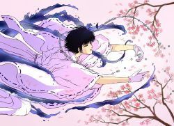 Rule 34 | 1boy, black hair, cherry blossoms, closed eyes, gloves, japanese clothes, jrkain, kimono, male focus, pink background, solo, sumeragi subaru, x (manga)