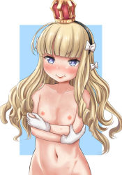 Rule 34 | 10s, 1girl, :t, azur lane, blonde hair, blush, closed mouth, crossed arms, crown, flat chest, gloves, hairband, hideyuki i, highres, long hair, looking at viewer, navel, nipples, nude, out-of-frame censoring, purple eyes, queen elizabeth (azur lane), solo, standing, sweat