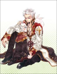 2boys, animal, animal ears, animal on shoulder, black coat, black footwear, black pants, black shorts, boots, brown footwear, bunny, cat ears, checkered, checkered background, closed mouth, coat, commentary request, cross, cross necklace, full body, gradient, gradient background, high priest (ragnarok online), jewelry, layered clothing, long sleeves, looking at another, male focus, multiple boys, necklace, open mouth, pants, piyomaru029, priest (ragnarok online), ragnarok online, red coat, shoes, short hair, shorts, sitting, smile, two-tone coat, white coat, white hair