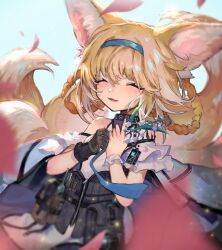 Rule 34 | 1girl, animal ears, arknights, black gloves, blonde hair, blue hairband, braid, braided hair rings, closed eyes, commentary request, facing viewer, flower, fox ears, fox girl, fox tail, gloves, hairband, highres, holding, holding flower, infection monitor (arknights), kitsune, kyuubi, lily of the valley, material growth, multiple tails, name connection, nijimaarc, object namesake, open mouth, oripathy lesion (arknights), short hair, single glove, solo, suzuran (arknights), tail, twin braids, upper body, white hair, wrist cuffs