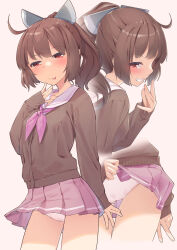 Rule 34 | 1girl, :p, blush, brown background, brown cardigan, brown hair, cardigan, closed mouth, clothes lift, commentary request, grin, hair between eyes, headgear, highres, kanzen bouon, lifted by self, long sleeves, looking at viewer, multiple views, neckerchief, panties, pleated skirt, ponytail, purple neckerchief, purple skirt, red eyes, revision, sailor collar, shirt, skirt, skirt lift, sleeves past wrists, smile, tongue, tongue out, touhoku kiritan, underwear, v, voiceroid, white panties, white sailor collar, white shirt