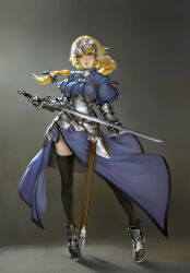 Rule 34 | 1girl, absurdres, armor, armored boots, armored dress, black thighhighs, blonde hair, blue dress, blue eyes, boots, braid, chain, dress, fate/apocrypha, fate/grand order, fate (series), full body, gauntlets, highres, holding, holding sword, holding weapon, jeanne d&#039;arc (fate), jeanne d&#039;arc (ruler) (fate), long hair, looking at viewer, sheath, simple background, single braid, standing, standing on one leg, sword, thighhighs, weapon, zhanglei8048