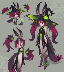 Rule 34 | 1girl, :&lt;, arms at sides, black sclera, colored sclera, flat chest, green eyes, hat, highres, long hair, looking at viewer, monster girl, no pupils, original, plant, plant girl, squeaky (artist), tail, thorns, twintails, very long hair, vines, witch, witch hat