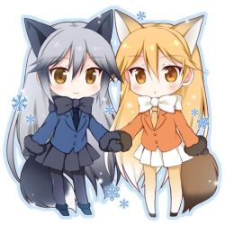 Rule 34 | 10s, 2girls, :&gt;, :o, animal ears, arm at side, black bow, black footwear, black pantyhose, black scarf, black skirt, blazer, blonde hair, blue jacket, blue necktie, blue outline, bow, brown eyes, buttons, chibi, closed mouth, extra ears, eyelashes, ezo red fox (kemono friends), fox ears, fox tail, full body, fur-trimmed sleeves, fur trim, gradient hair, gradient legwear, grey hair, hair between eyes, holding hands, jacket, kemono friends, korie riko, long hair, long sleeves, looking at viewer, lowres, mittens, multicolored clothes, multicolored hair, multicolored legwear, multiple girls, necktie, no nose, open mouth, orange jacket, outline, pantyhose, pleated skirt, scarf, silver fox (kemono friends), skirt, smile, snow, snowflakes, snowing, standing, tail, triangle mouth, tsurime, two-tone hair, two-tone legwear, very long hair, white background, white bow, white hair, white legwear, white scarf, white skirt, yellow legwear, yellow necktie