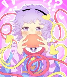 Rule 34 | 1girl, black hairband, blouse, blue shirt, buttons, covering own mouth, eyeball, frilled sleeves, frills, hair ornament, hairband, heart, heart button, heart hair ornament, holding, komeiji satori, pink eyes, pink hair, seisumochi, shirt, siblings, sisters, solo, third eye, touhou, wide sleeves